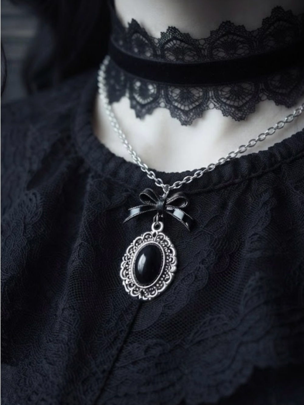 Hand Crafted Black Gothic Pendant Necklace with Ribbon Accent